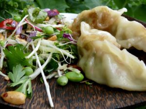 prawn potstickers and asian salad